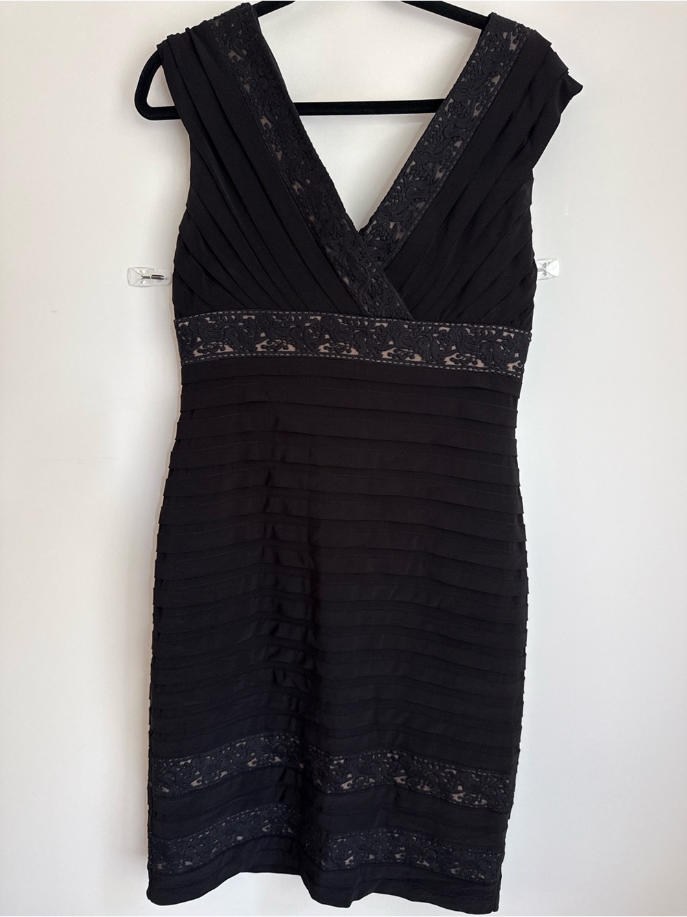 Adrianna Papell Black Lace Trim Pleated V-Neck Dress
